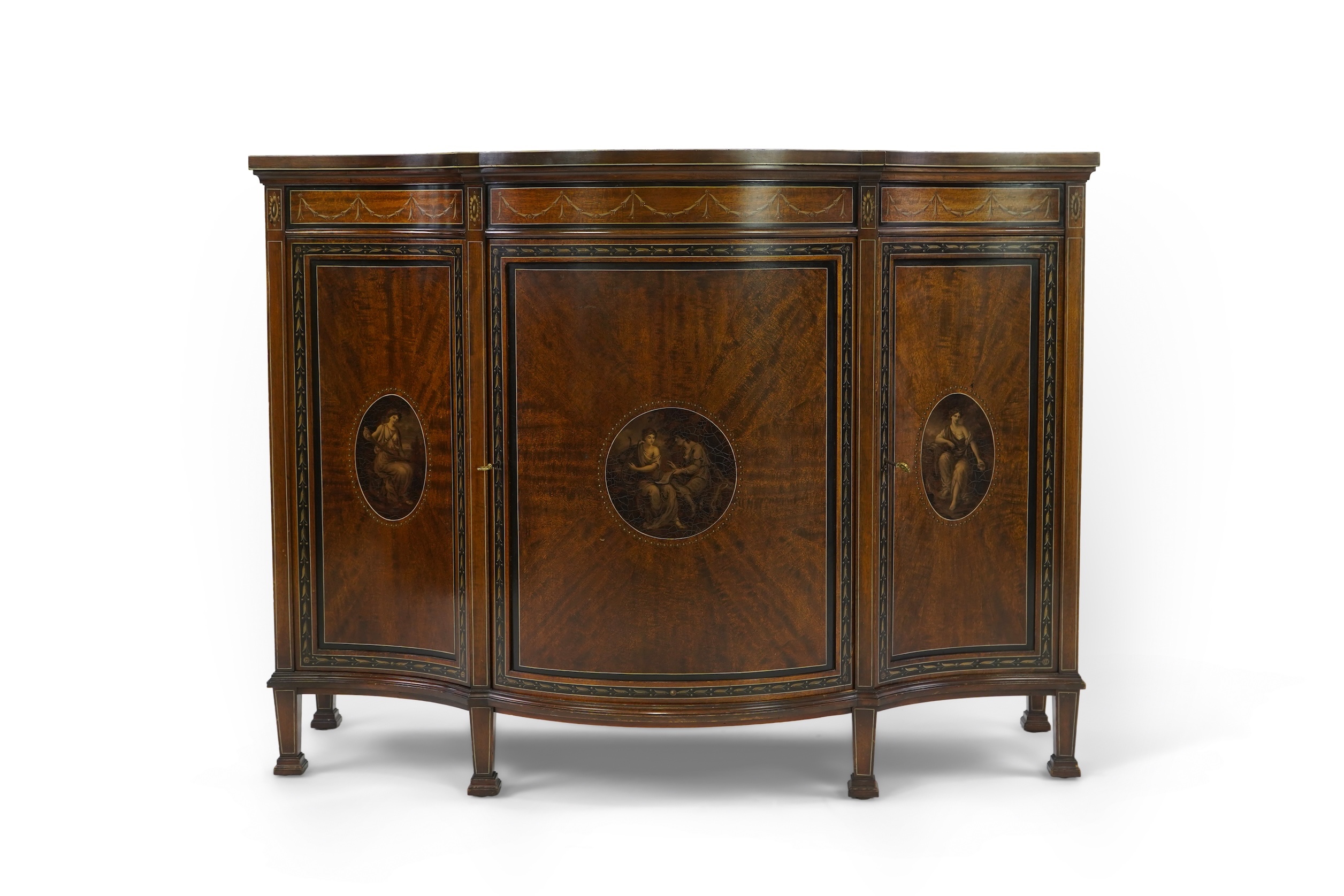 An Edwardian Sheraton Revival painted mahogany bowfront side cabinet